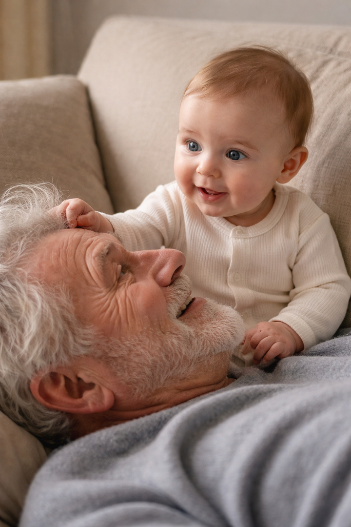 A smiling baby reaches out to touch the silver hair of an older man as they lie close together on a couch.