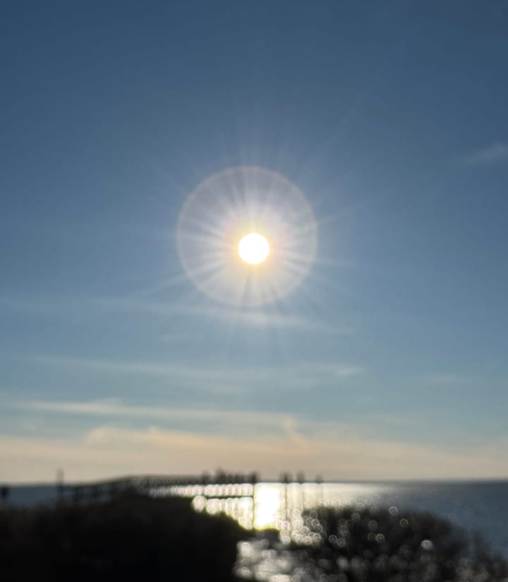 A softly blurred sun hovers above dark trees, its light breaking into gentle reflections on water, suggesting a quiet, contemplative moment.