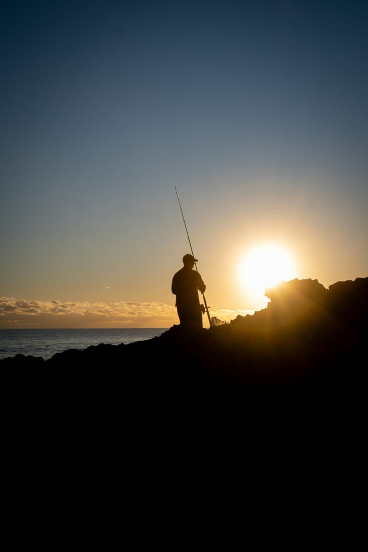 Silhouette of a fisherman standing on rocky shoreline with the sun low over the ocean, holding a fishing rod and looking out at the water.